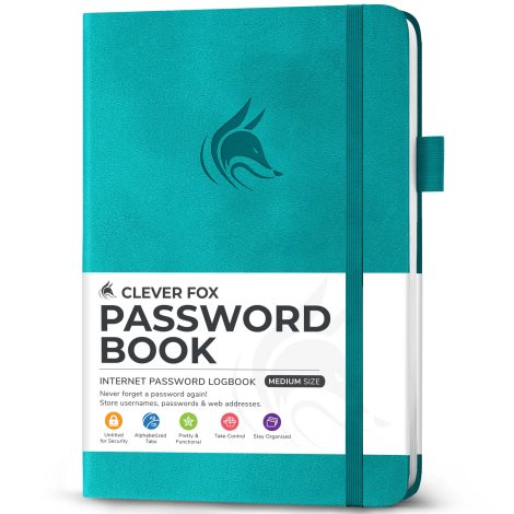 Smart Fox Password Book with dividers. Online Address and Password Organizer Notebook with alphabetical tabs. Average-sized Password Journal for PC & Website Logins (Aquamarine).