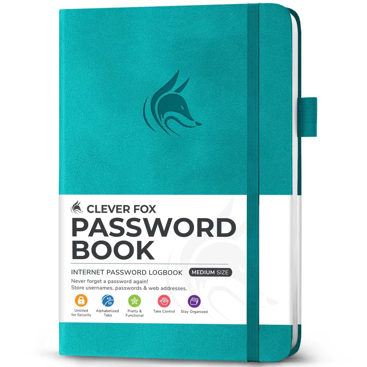 Clever Fox Password Book with tabs. Internet Address and Password Organizer Logbook with Alphabetical tabs. Medium Size Password Keeper Journal Notebook for Computer & Website Logins (Aquamarine)