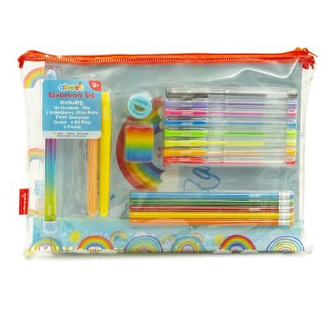 Rainbow pencil case packed with stationery goodies including gel pens, notebook, glitter pen, and highlighters. Perfect for school.