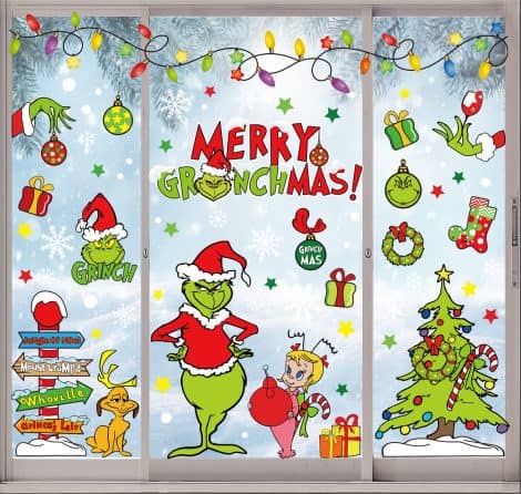 Large decorative window stickers featuring festive designs for home, office, or school Christmas decorations.