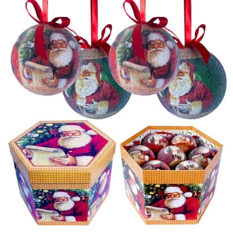 The Christmas Workshop collection of 14 baubles in festive designs, gift boxed for your tree. (Red & Green Classic Santa)