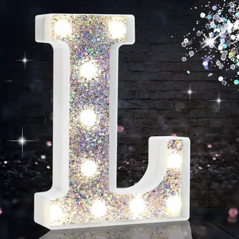 Silver Letter L LED Marquee Lights – Bright, sparkling bedroom decor perfect for birthdays, weddings, and home decoration.