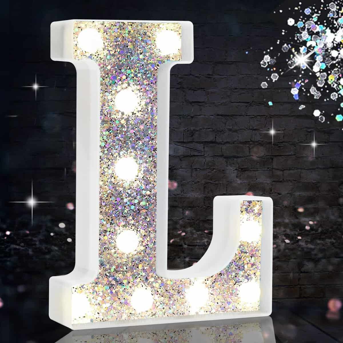 LED Marquee Letter Lights, Light Up Silver Letters for Bedroom Glitter Gifts for Teenage Girls Alphabet Letter Sign Battery Powered Night Light Birthday Party Wedding Home Decoration, Silver Letter L