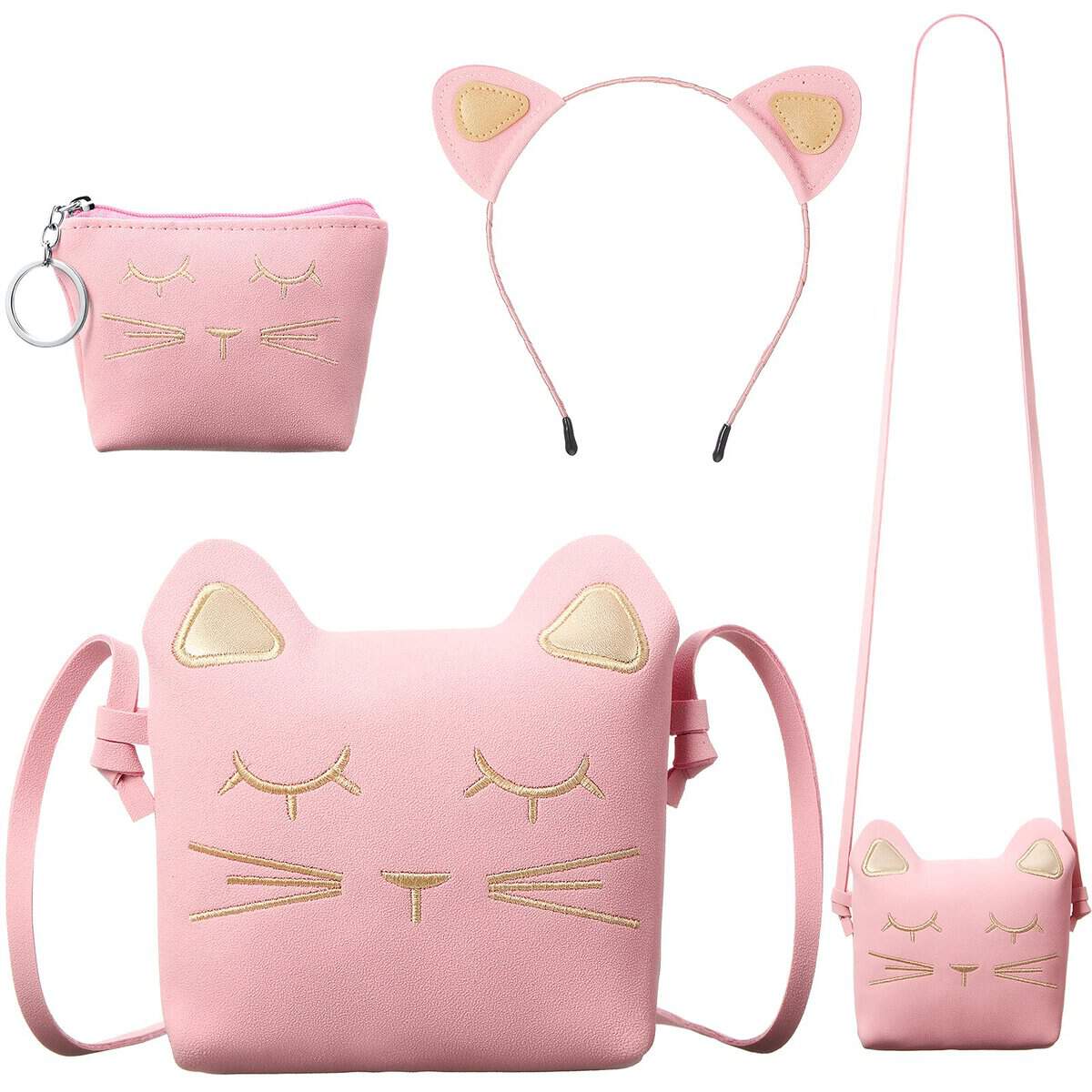 Weewooday 3 Pcs Cat Shoulder Bag Set, Christmas Cute Crossbody Bag Gift Hand Bags with Mini Coin Purse Cat Headband Gifts for Girls(Pink)