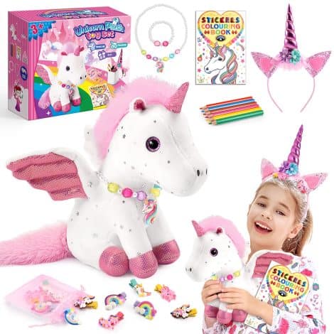 Unicorn-themed gifts for 3-8-year-old girls, including soft toys and plush toy sets from EUCOCO.