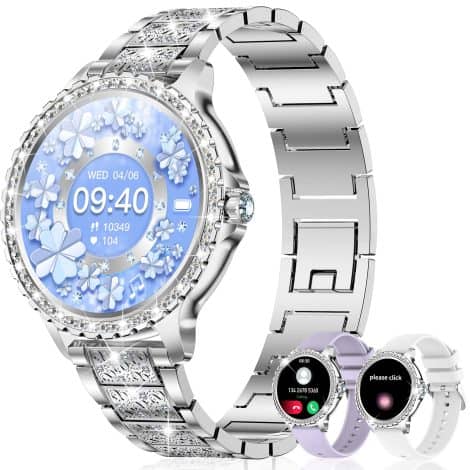 fitonyo Smart Watches for Women, adorned with diamonds, allowing you to answer calls. Features a 1.32” touchscreen, heart rate/sleep monitor, AI voice, and 3 glamorous straps.