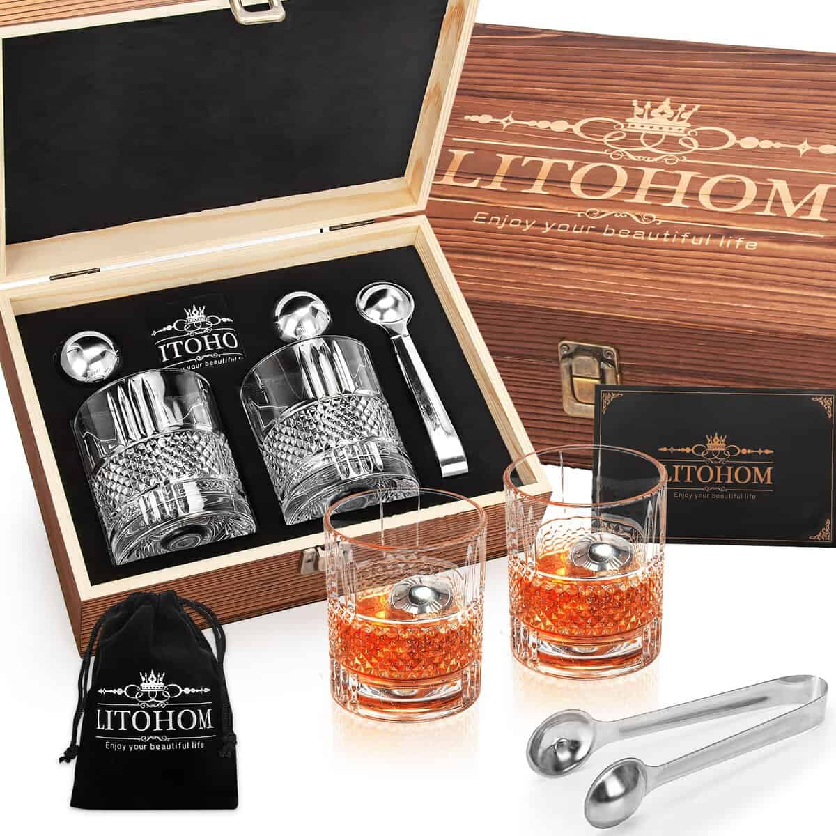 Whiskey Gift Set for Men,Whiskey Glasses Set of 2 Whiskey Glasses,2 Stainless Steel Whisky Balls and Ice Tongs in Wooden Box,Whiskey Stones Gift for Birthday,New Dad Gifts,Christmas,Valentine's Day