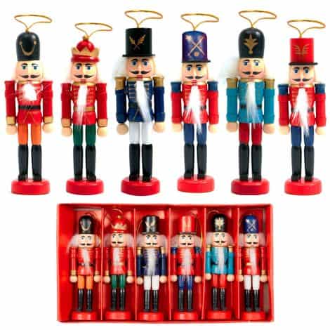 ZENO Festive Nutcracker Tree Décor Set includes 6 wooden traditional ornaments, perfect for Christmas parties and trees.