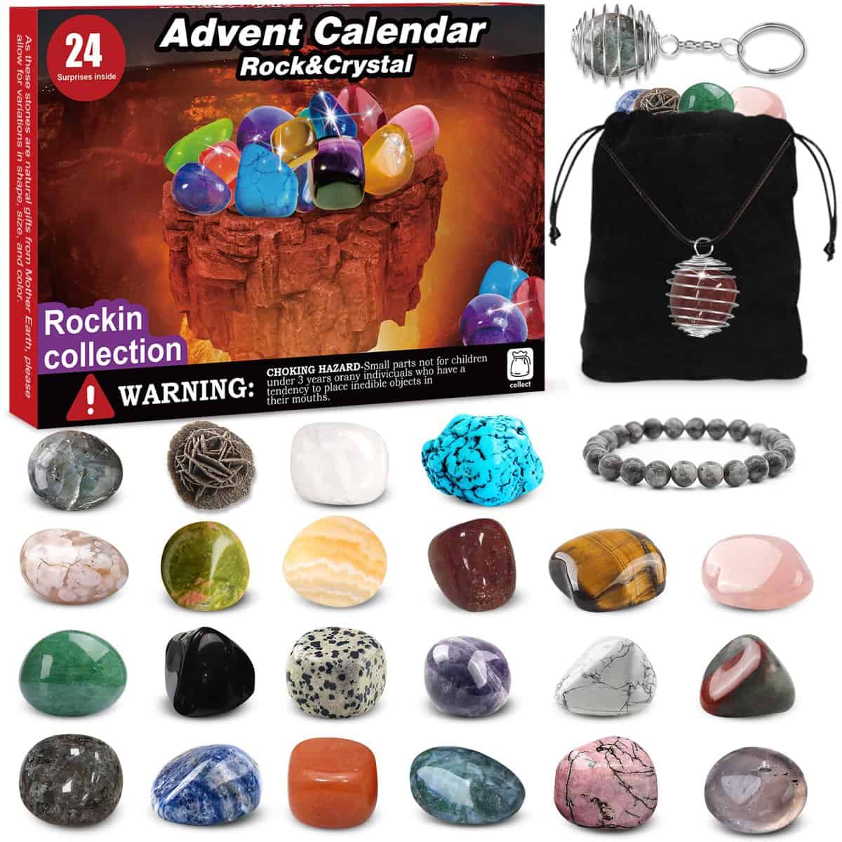 Advent Calendar 2023-24 Days Christmas Countdown with Natural Rocks,Gemstones,Stones,Crystals&Minerals for Learnning,Collection,Science Gift & Xmas Gift for Kids Girls Boys Adult&Geology Enthusiasts