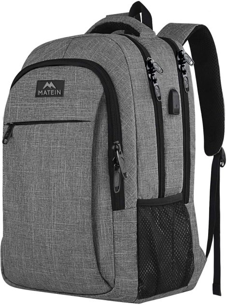 Grey Laptop Backpack with USB Charger, Secure Business Bag for 15.6″ Laptops – Ideal for Travel.