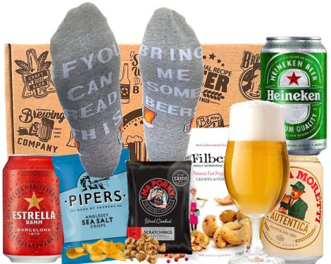 Craft Beer Hamper Gift Set – Perfect for both Men and Women | Includes 3 Craft Beer Cans, Tasting Glass, Assorted Snacks, and Beer Socks.