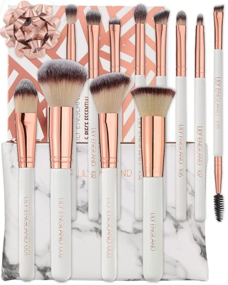 Lily England’s Rose Gold Makeup Brushes Set includes 12 vegan brushes in a stylish marble bag.