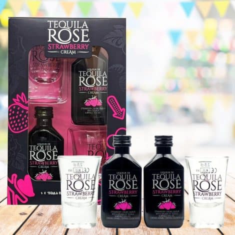 Strawberry Tequila Rose Gift Set – Two small Strawberry Cream Liqueur bottles with shot glasses. Perfect for Christmas.