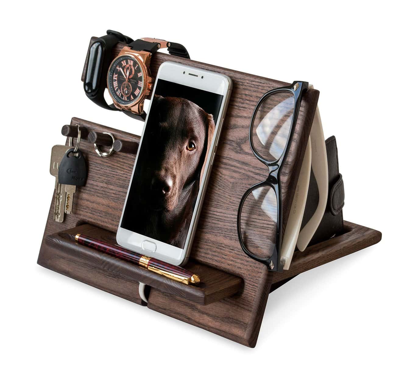 Teslyar Gifts for Men Wood Phone Docking Station Father gifts Xmas gift gifts for him Anniversary Birthday presents Bedside stand Desk Organizer Wallet Stand Key Holder Nightstand Ash (Wenge)