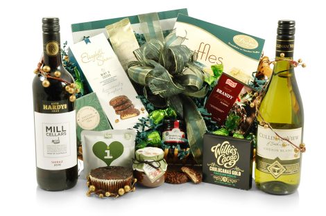 Festive hamper with wine, delicious food, chocolates, and cookies – perfect for gifting friends, family, and colleagues.