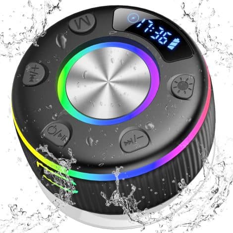 Shower Beats: Portable, 2023 Waterproof Speaker with Time Display, Colorful Lights, Bass, Radio, and Travel-friendly Size.