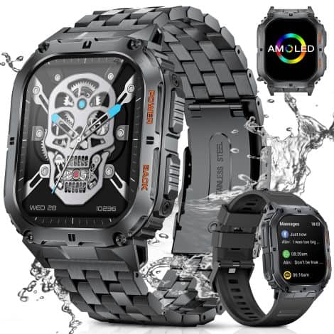 ESFOE Military Smart Watch: Text, call, large display, fitness tracker, sport modes, heart rate monitor, rugged smartwatch for iOS/Android.