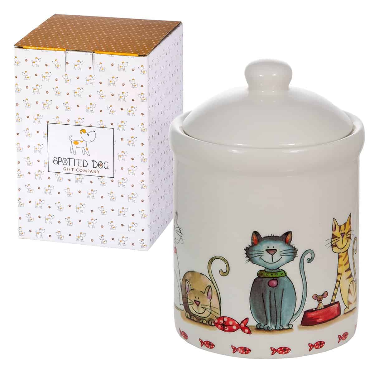 Ceramic Storage Jar, Food Storage Container, Kitchen Canister for Tea Coffee Sugar Treats, Cute Novelty Cat Themed Kitchen Accessories and Home Decor, Cat Gifts for Women Men (1L, Happy Cats)