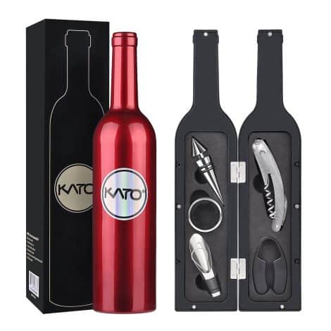 Deluxe wine essentials set including corkscrew, stopper, drip ring, foil cutter, and pourer. Perfect gift for wine lovers!