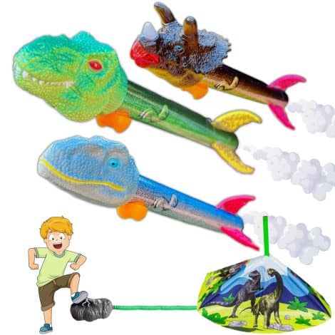 Dino Rocket Toy Launcher, a fun outdoor game and gift suitable for children aged 3-10. Ideal for boys and girls!