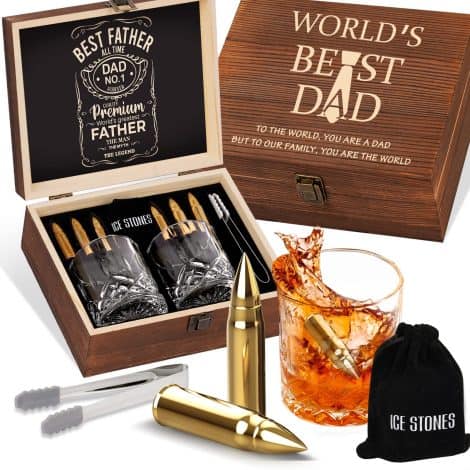 Whisky Rocks and Glasses Bundle for Dad, includes 2 Glasses and 6 Chilling Stones, ideal for gifting.