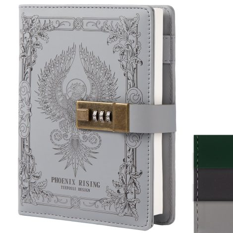 Grey TIEFOSSI Phoenix Journal Notebook: Vintage locked diary, B6 size, refillable, with ruled paper. Perfect secret gift diary.