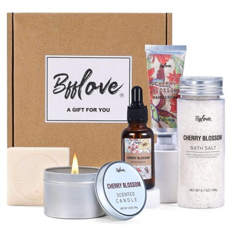 Cherry Blossom Spa Set: Perfect gift for ladies with massage oil, scented candle, bath salt, hand cream, and soap. Ideal for Mum’s birthday or Christmas.