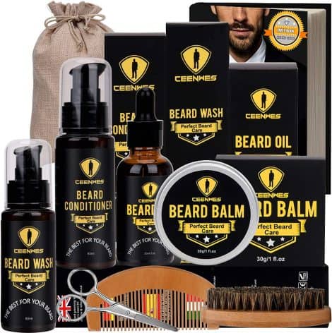 10 in 1 Beard Care Set with Updraed Brand, including Beard Oil, Brush, Comb, Balm, Shampoo, Comb, and Scissors. Ideal gift for men, promoting beard growth and trimming.