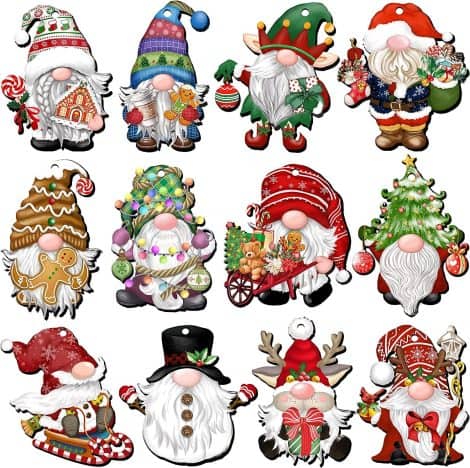 Festive wooden hanging ornaments with a cheerful Christmas gnome design, perfect for decorating your tree and home.