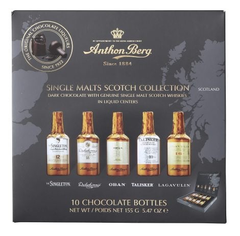 Anthon Berg’s Chocolates with 5 high-quality Scotch Whiskies – 10 bottles, 155g – Heavenly liquid center.