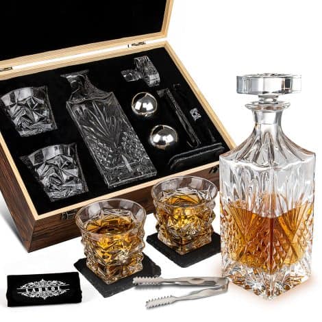 Whisky Lover’s Set: Stainless Steel Whisky Ball, Crystal Glass Set, Decanter, Slate Coasters. Perfect Gift for Men.