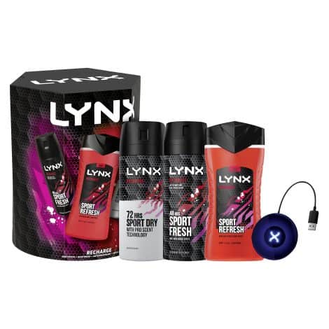 LYNX Recharge Trio Gift Set: Bodywash, body spray, and anti-perspirant with a Wireless Charger. Ideal for his daily routine.