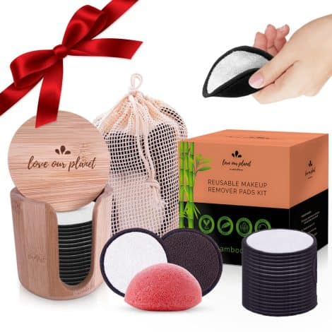 Eco-conscious Makeup Remover Pads, 18 Cotton Bamboo Pads, Natural Konjac Sponge, Washable, with Holder Box.