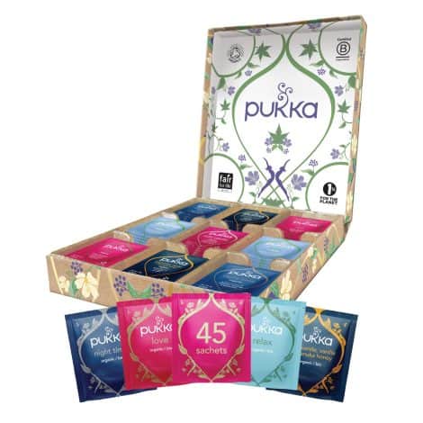 Pukka Herbs offers a Relax Herbal Tea Selection Box with 9 flavors and 45 sachets. It includes Lavender and Chamomile tea and makes for a relaxing organic gift.