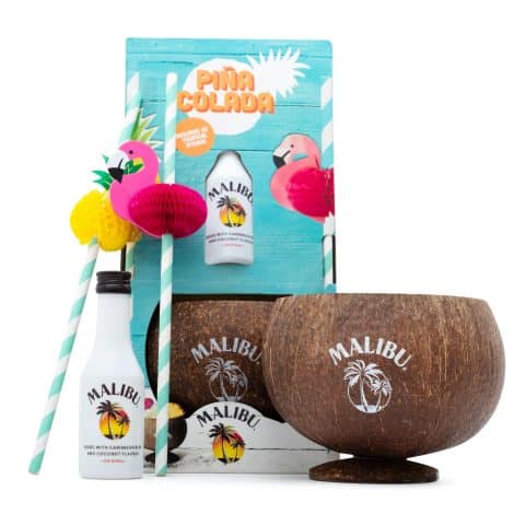 Malibu Rum Gift Set: 50ml Malibu Coconut Rum, Real Coconut Cup, 2 Cocktail Straws. Perfect for Pina Coladas, great Christmas gift!