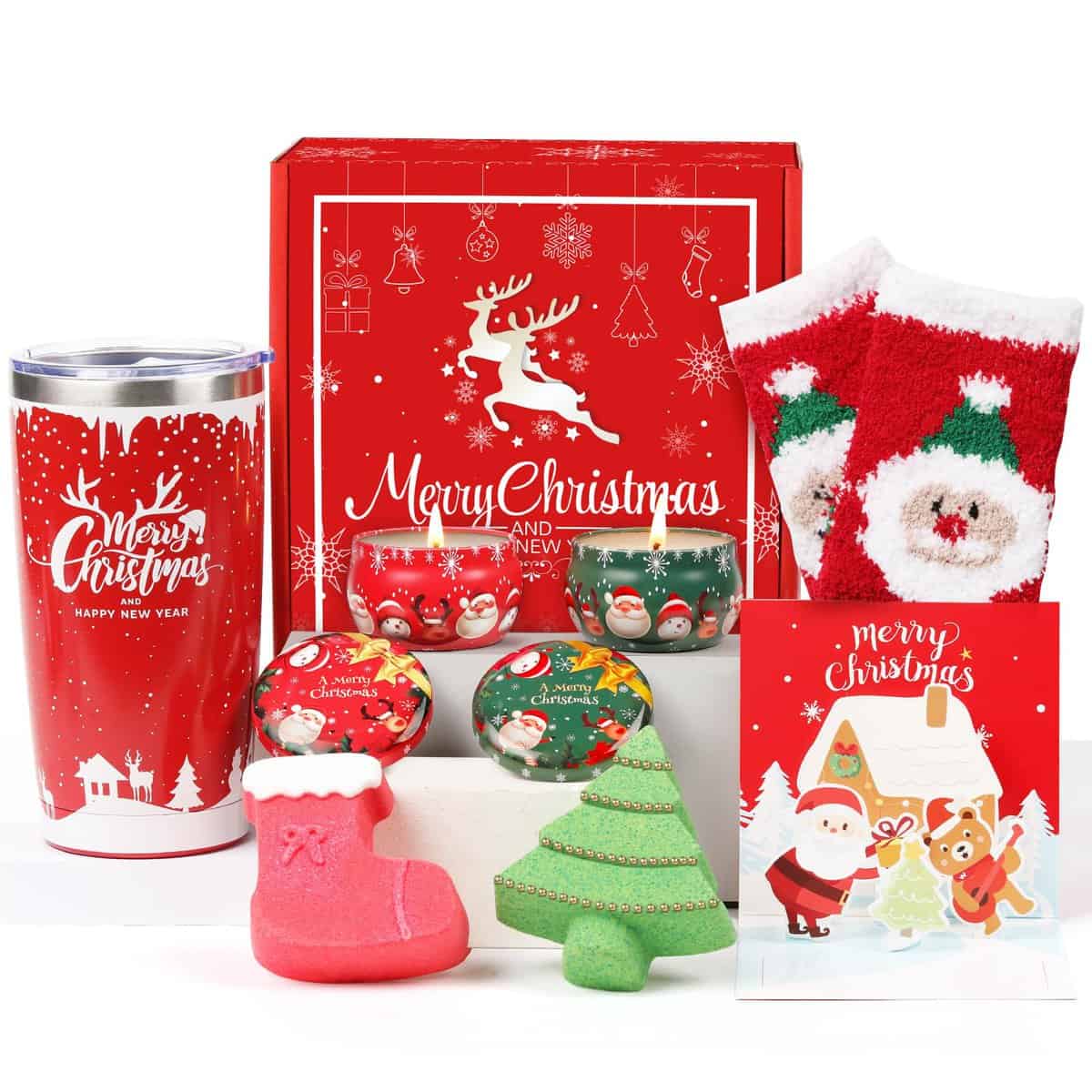 Christmas Gifts for Women, Gifts Basket for Friends Gifts for Her Girlfriend Sister Mom Unique Gifts Box with Christmas Socks Scented Candle Insulated Tumbler