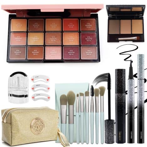 Complete makeup set for ladies, including eyeshadows, mascara, eyebrow powder, stencils, curler, brushes, and stylish cosmetic bag.