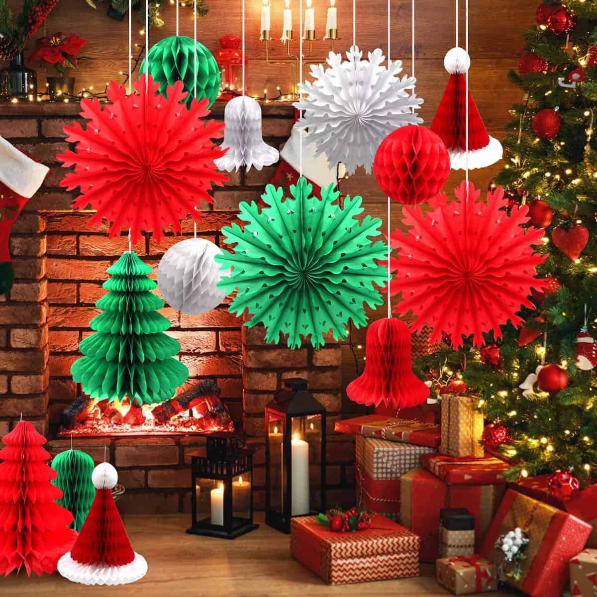 Retro Christmas Decorations Set, 16Pcs Christmas Snowflakes Fan Paper Decorations Paper Hats Christmas Trees Honeycomb Balls Paper Bell for Christmas Party Decoration