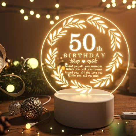 50th Birthday Presents for Women and Men, Engraved LED Light, Funny Personalised Gift, Ideal for Sister, Friend, Husband.