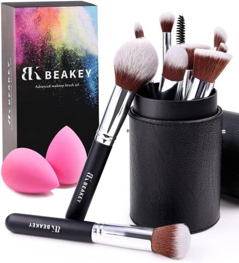 BEAKEY makeup brush set including foundation, powder, blush, and eyeshadow brushes, plus 2 sponges, ideal for ladies and girls.