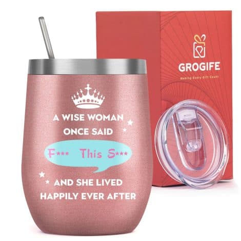 Funny Christmas gifts for women – a wine tumbler with a witty message, perfect for birthdays, colleagues, or sisters. Great retirement or travel companion. 350ml.