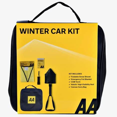 AA Winter Car Kit AA3386 – Portable Snow Shovel, LED/COB Torch, Thermal Blanket, Reflective Vest – Compact Bag – Fits All Vehicles or Home, Black.