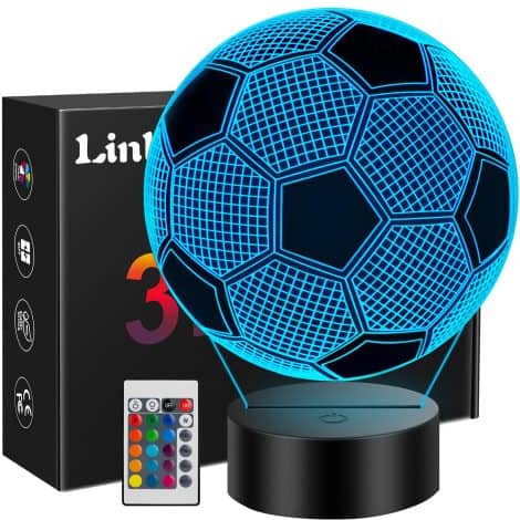 Football-themed gifts for boys, the Linkax 3D Night Lamp creates a football illusion with 16 colors and remote control. Perfect Christmas or birthday present for football fans.