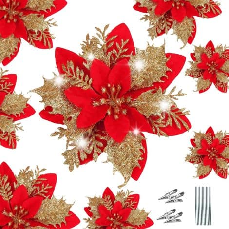 12 pieces of gold and red artificial poinsettia flowers for decorating your Christmas tree and more.