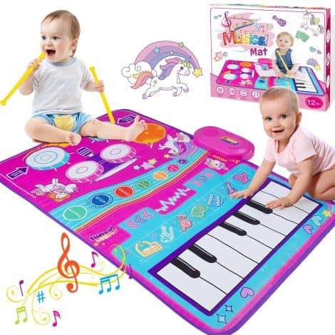 Unicorn Music Playset for 1-3 year old girls – includes piano, drums, and toy mat. Perfect gift for little ones!