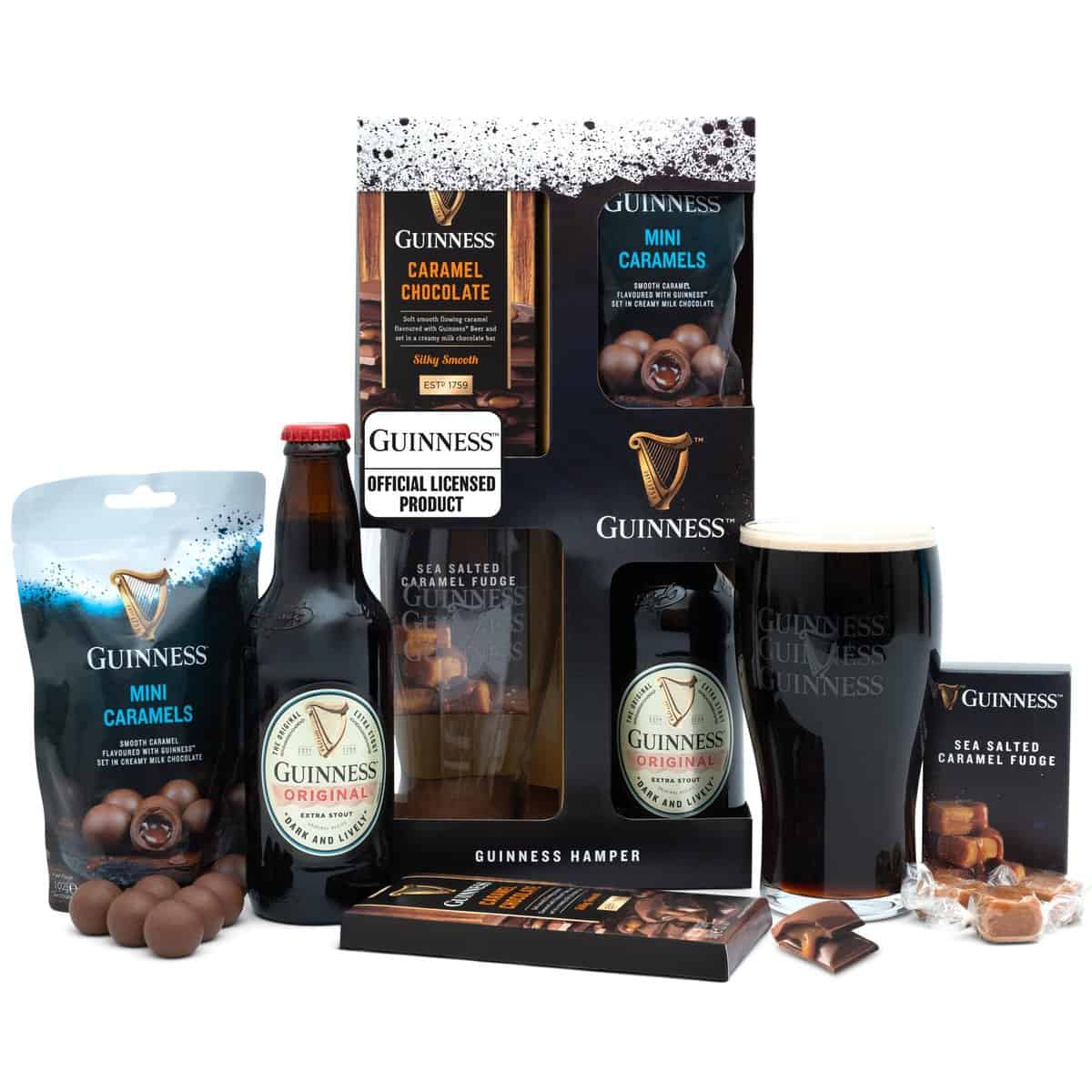 Guinness Gifts, Beer Gift Set with Chocolate & Fudge, Hampers for Men - 1x 330ml Guinness Gift Set Pint Glass, Guinness Chocolate and Caramel Fudge, Christmas Alcohol Gift Sets, Irish Gifts for Men