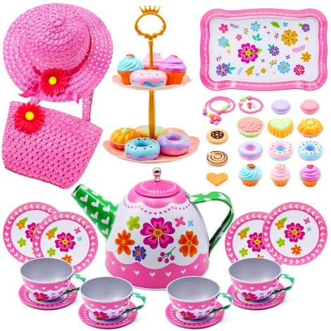 34-piece Tea Party Set for Girls, Pretend Play Toy Set with Teapot, Dishes, Flower Hat & Purse. Ideal birthday gift for girls aged 3+ in the UK.