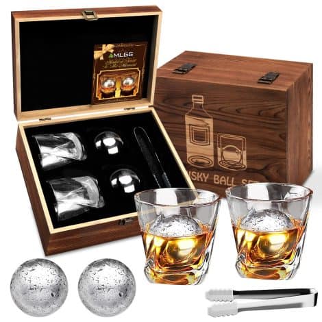 Men’s whiskey gift set with whiskey stones, 2 glasses, stainless steel whisky balls, tongs. Perfect for gifting on special occasions.