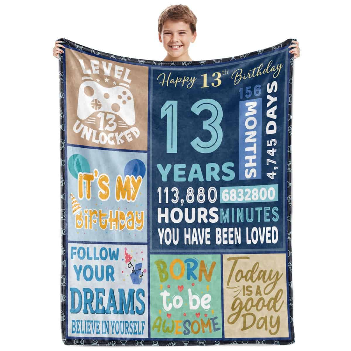 BTZO 13th Birthday Gifts for Boys,Blue Happy 13th Birthday Blanket,13 Year Old Boy Girls Gift Ideas,13th Birthday Decorations Gift Throw Blanket for Teen Son Grandson Nephew 50"x60"