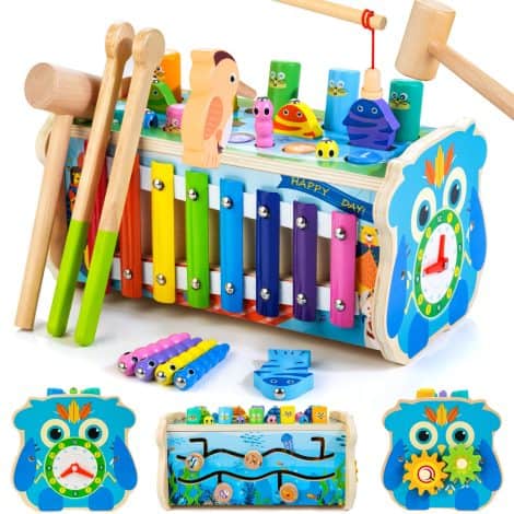 Wooden hammering and pounding toy with a magnetic woodpecker, worms, and fish rod. Perfect educational gift for toddlers.